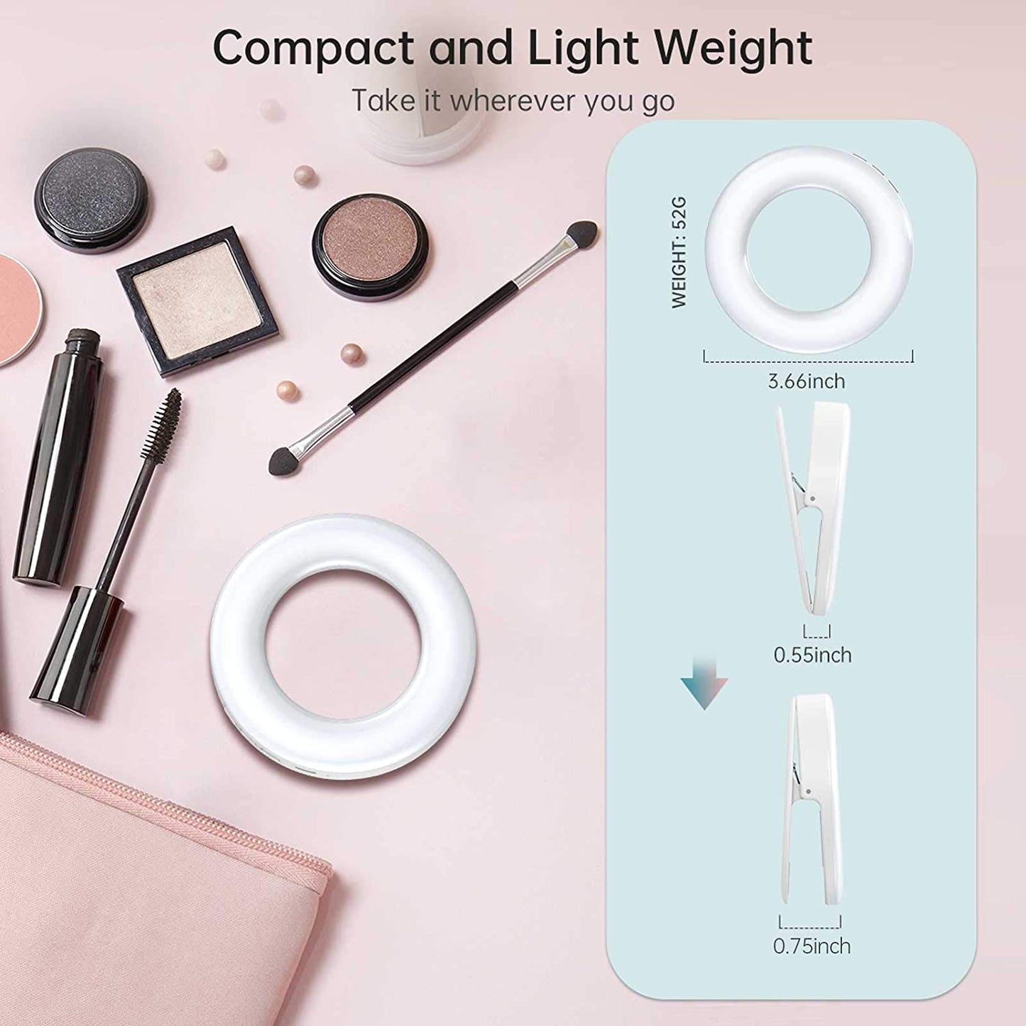 Benbilry Clip on Selfie Ring Light, [Rechargeable] [3 Light Modes] with 60 LED, 4-Level Mini Circle Light for Iphone/Android Cell Phone Ipad Laptop Photography, Camera Video, Girls Make Up  Benbilry   