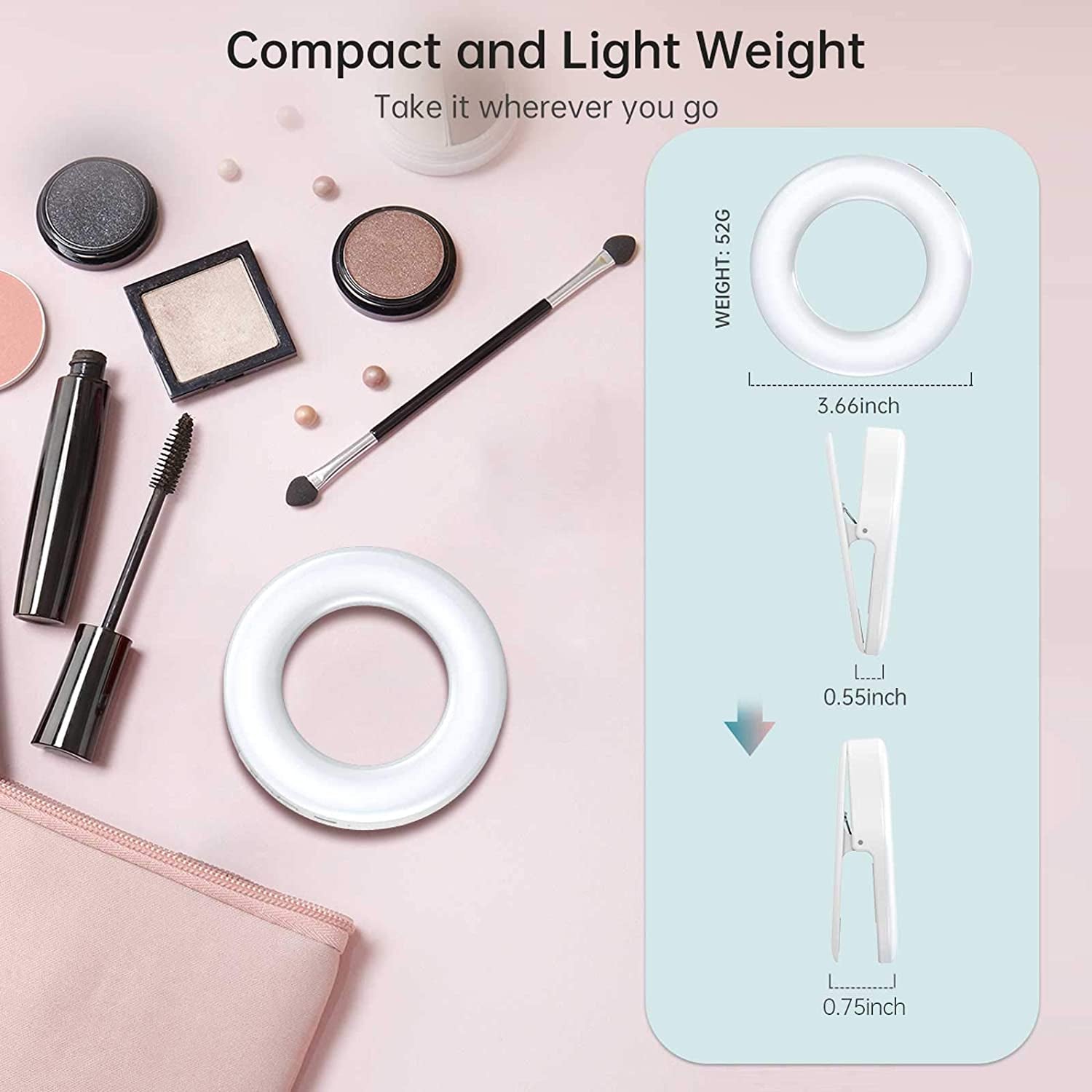 Benbilry Clip on Selfie Ring Light, [Rechargeable] [3 Light Modes] with 60 LED, 4-Level Mini Circle Light for Iphone/Android Cell Phone Ipad Laptop Photography, Camera Video, Girls Make Up  Benbilry   