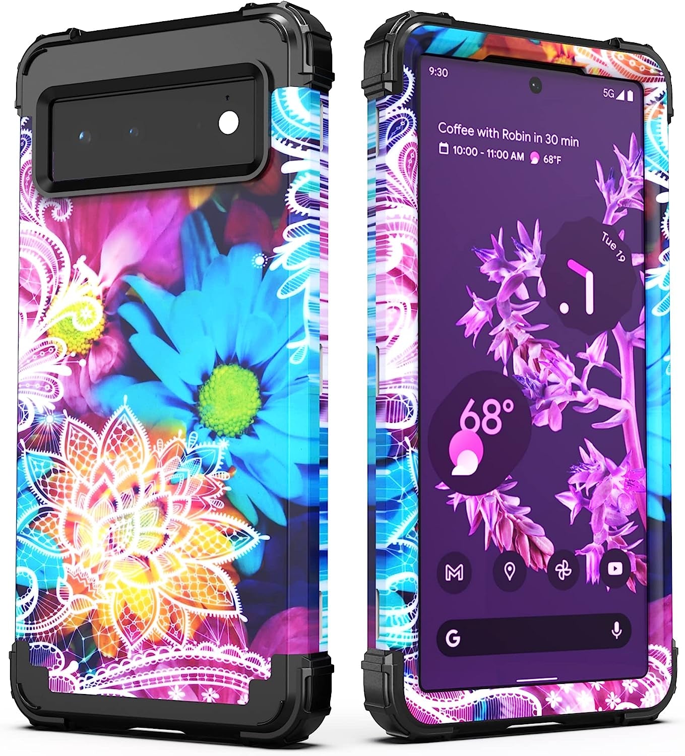 Idweel Google Pixel 6 Case (2021), 3-In-1 Shockproof Hybrid Heavy Duty Protection, Hard PC & Soft Silicone, Full Body Bumper, 6.4 Inch 5G - Flower  IDweel   