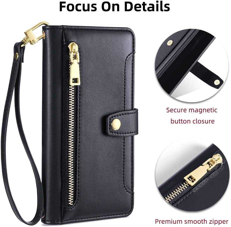 Asuwish Phone Case for LG G7 Thinq Wallet Cover and Tempered Glass Screen Protector Leather Card Holder Zipper Stand LGG7 One G 7 plus LG7 Fit Lg7Thinq 7G Thin Q G7+ G7Thinq Lgg7Thinq Women Men Black  Asuwish   