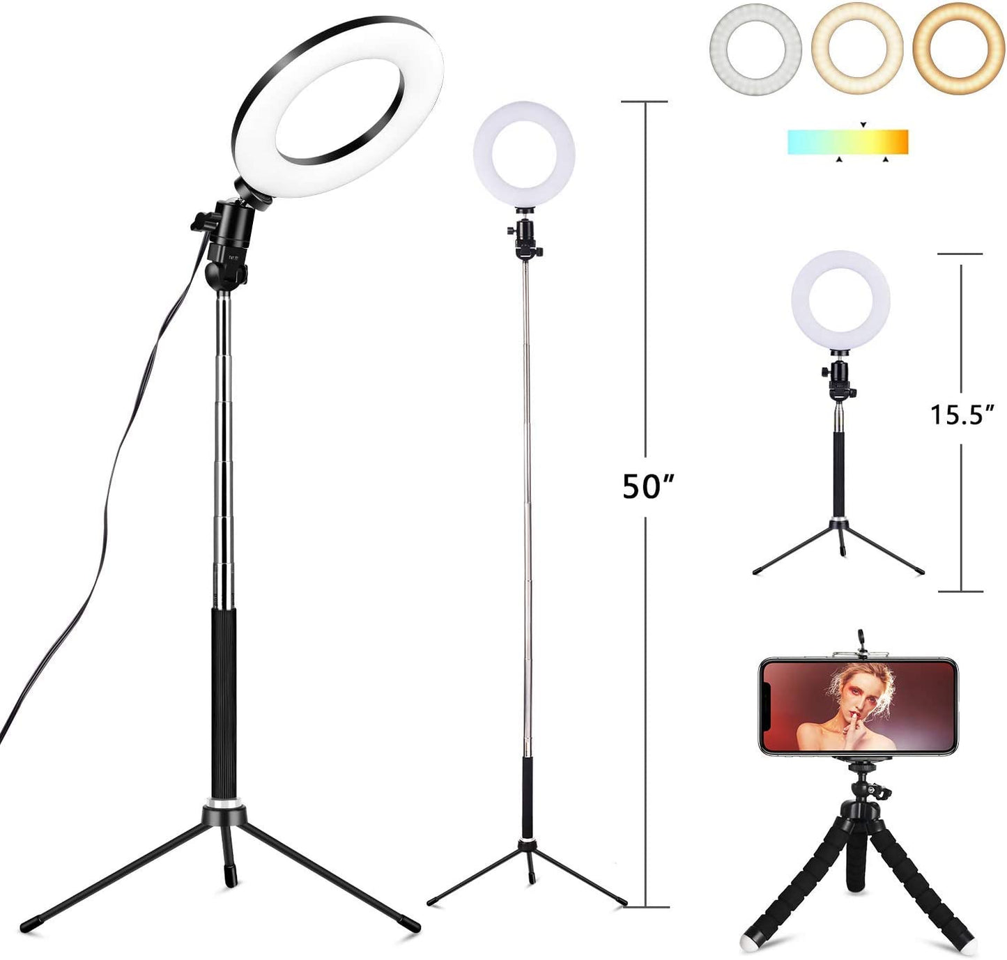 6" Selfie Ring Light with Tripod Stand & Cell Phone Holder for Live Stream Makeup,Mini Led Camera Ring Light Table Lamp Fill Light for Youtube Video Photography Shooting Vlog USB Plug  HOMREALM   