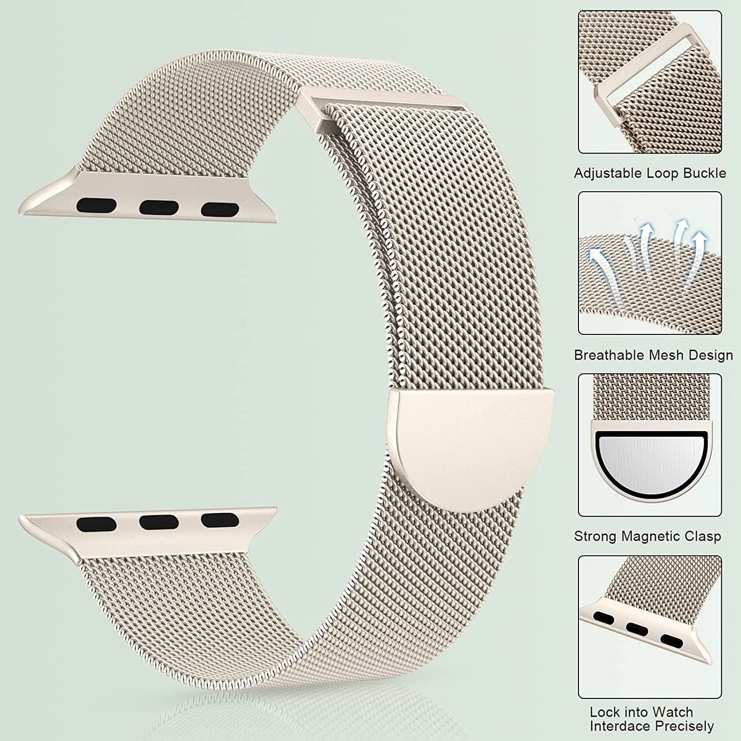 Marge plus for Apple Watch Band Series Ultra SE 8 7 6 5 4 3 2 1 38Mm 40Mm 41Mm 42Mm 44Mm 45Mm 49Mm Women and Men, Stainless Steel Mesh Loop Magnetic Clasp Replacement for Iwatch Bands (41Mm/40Mm/38Mm, A--Starlight).  MARGE PLUS   