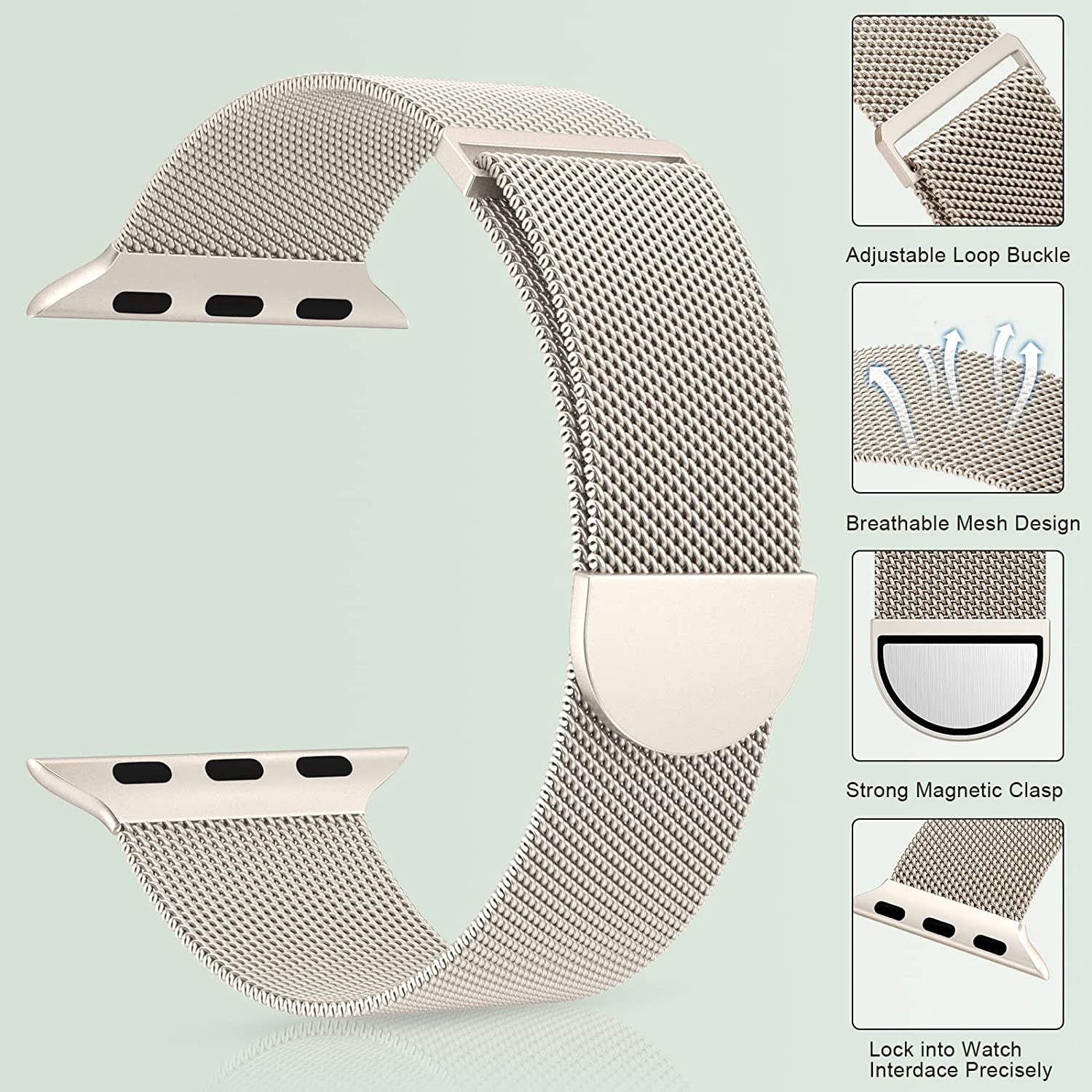 Marge plus for Apple Watch Band Series Ultra SE 8 7 6 5 4 3 2 1 38Mm 40Mm 41Mm 42Mm 44Mm 45Mm 49Mm Women and Men, Stainless Steel Mesh Loop Magnetic Clasp Replacement for Iwatch Bands (41Mm/40Mm/38Mm, A--Starlight).  MARGE PLUS   