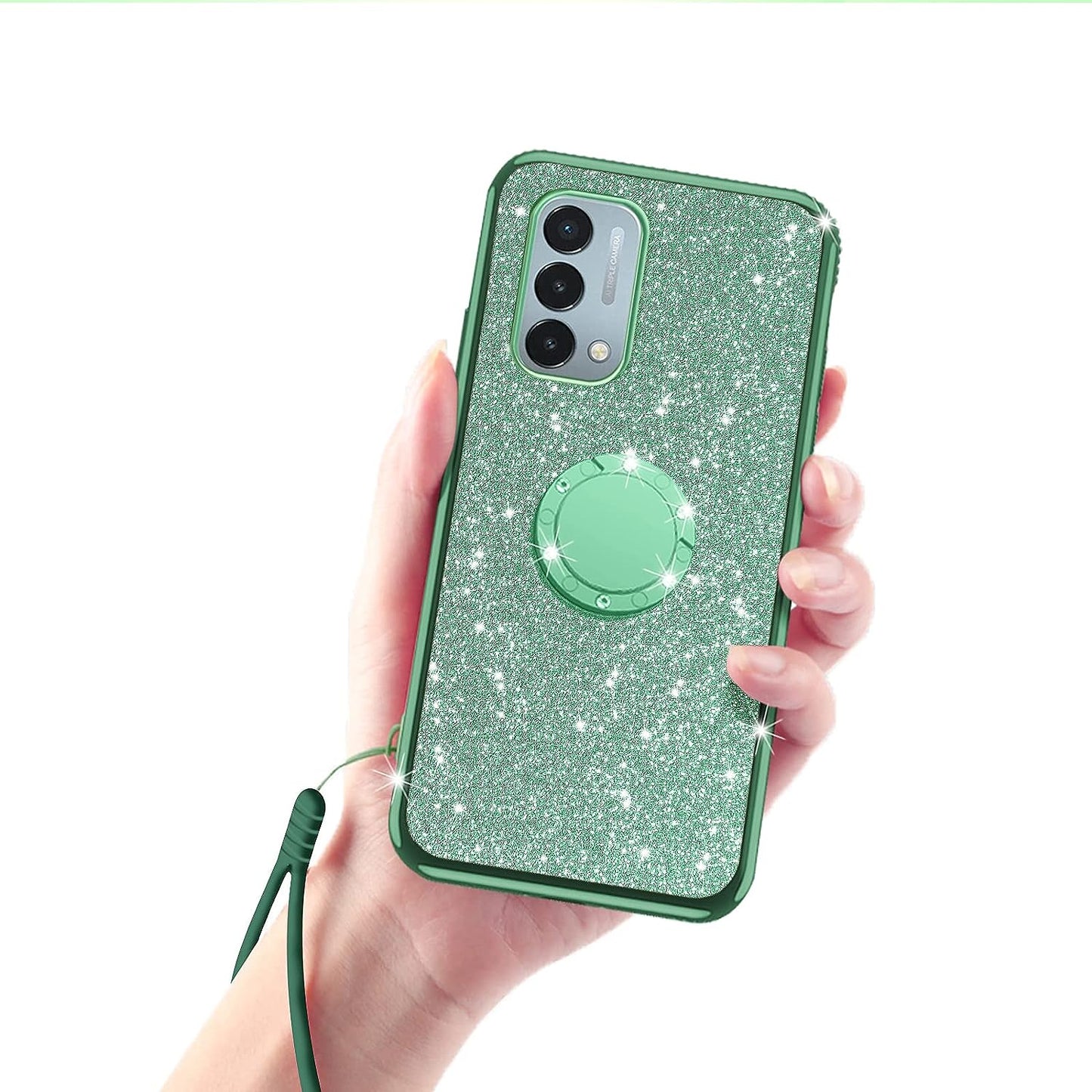 Kudini for Oneplus Nord N200 5G Case, N200 Phone Case for Women Glitter Crystal Soft Clear TPU Luxury Bling Cute Protective Cover with Kickstand Strap for Oneplus Nord N200 5G (Glitter Green)  KuDiNi   