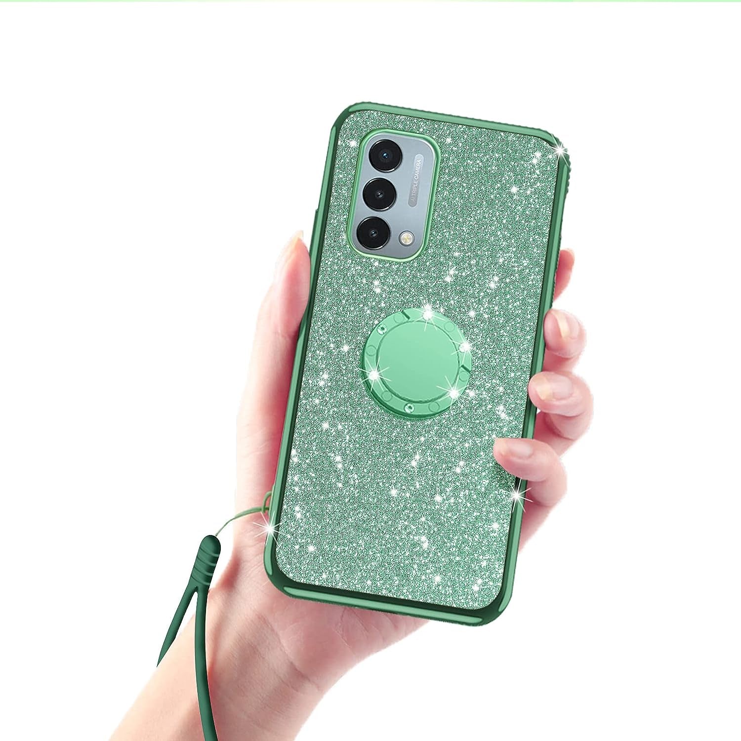 Kudini for Oneplus Nord N200 5G Case, N200 Phone Case for Women Glitter Crystal Soft Clear TPU Luxury Bling Cute Protective Cover with Kickstand Strap for Oneplus Nord N200 5G (Glitter Green)  KuDiNi   