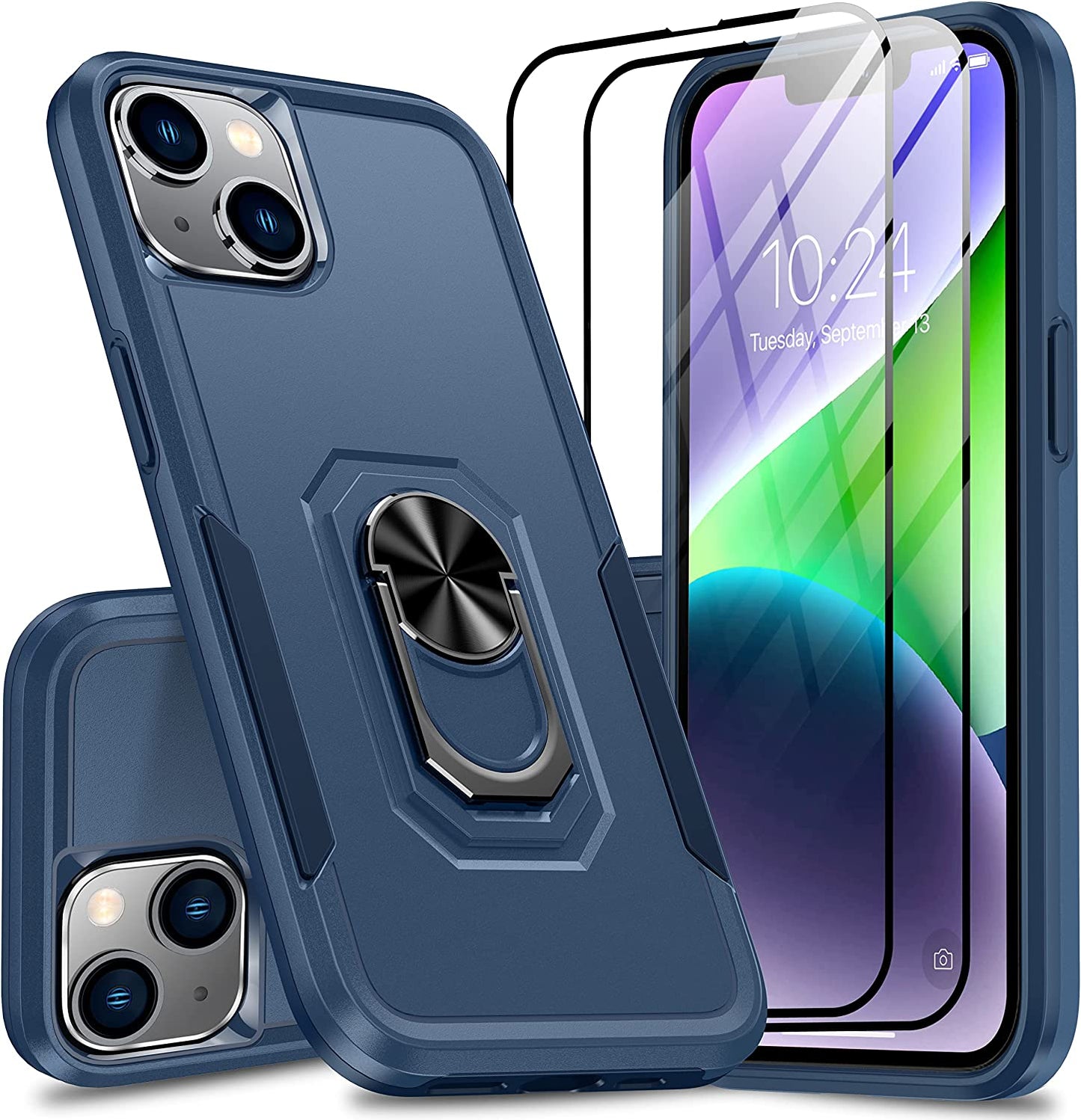 Oterkin for Iphone 14 plus Case, [4 in 1] Iphone 14 plus Phone Case with [2Pcs 9H HD Tempered Glass Screen Protectors][360°Rotatable Stand Ring][10Ft Military Grade] Case for Iphone 14 plus (Pink)  Oterkin Blue Iphone 14 
