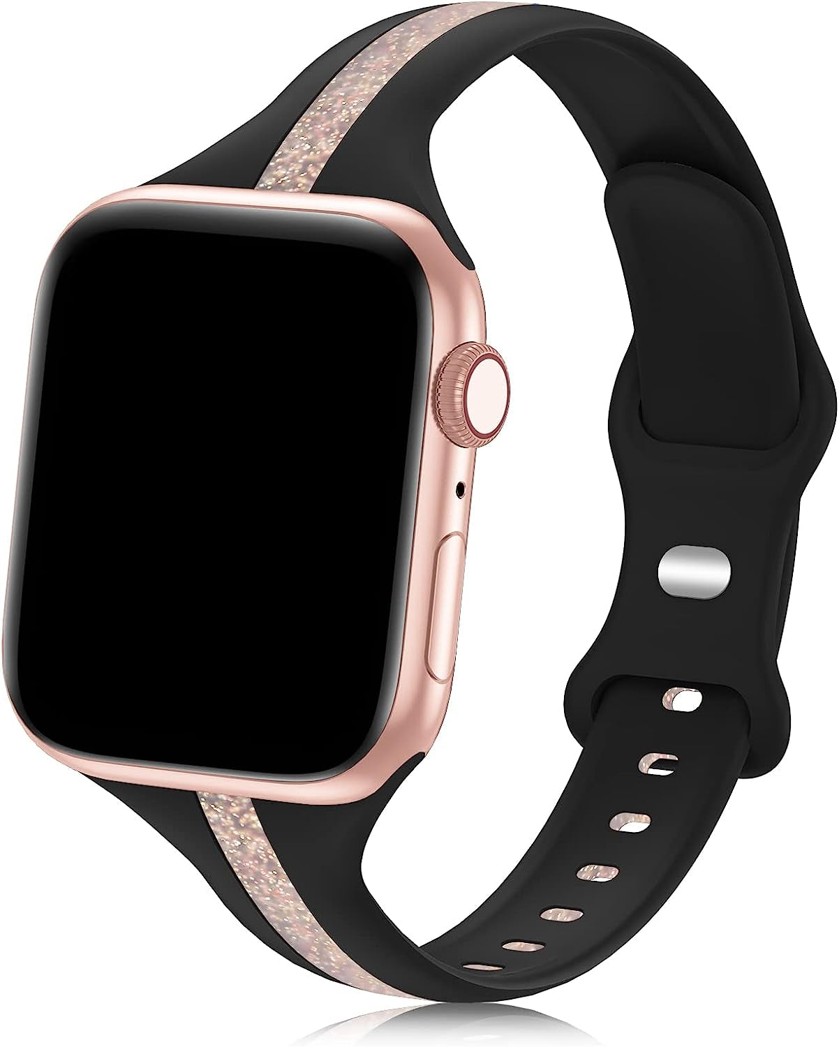 Iwabcertoo Designer Sport Bands Compatible with Apple Watch Band 38Mm 40Mm 41Mm 42Mm 44Mm 45Mm Women, Slim Soft Silicone Strap Replacement Wristbands Compatible for Iwatch Series 8/7/6/5/4/3/2/1/SE  iWabcertoo Black Glitter Pink 42mm/44mm/45mm/49mm 