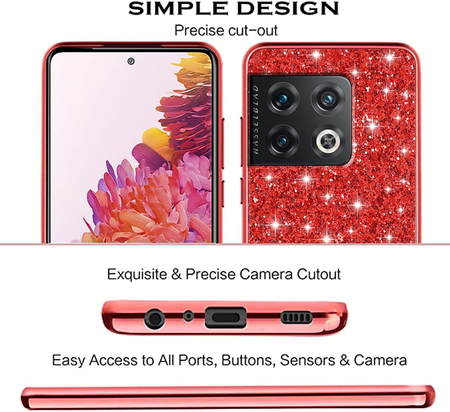 Jancyu Compatible with Oneplus 10 Pro Case, Shockproof Phone Cases for Oneplus 10 Pro Glitter Protective Cover for Women Cute Accessories (Red)  Jancyu   