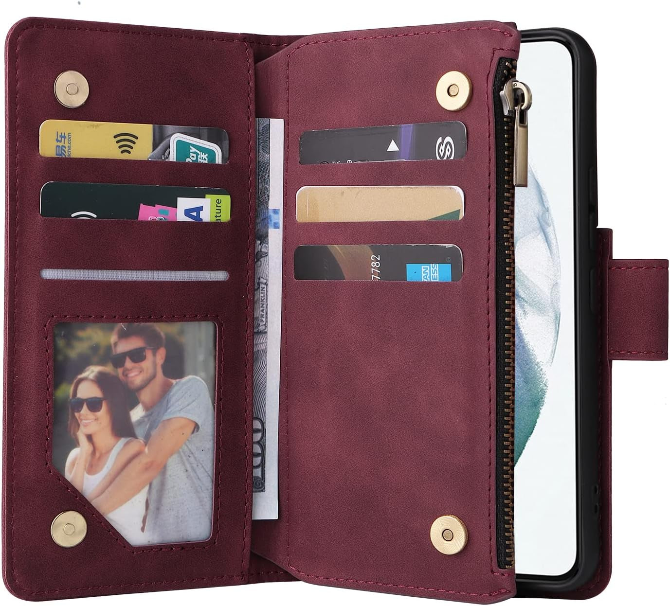 ZZXX Samsung Galaxy S22+ plus Case Wallet with Card Slot Premium Soft PU Leather Zipper Flip Folio with Wrist Strap Kickstand Protective for Samsung S22+ plus Wallet Case(Wine Red-6.6 Inch)  ZZXX   