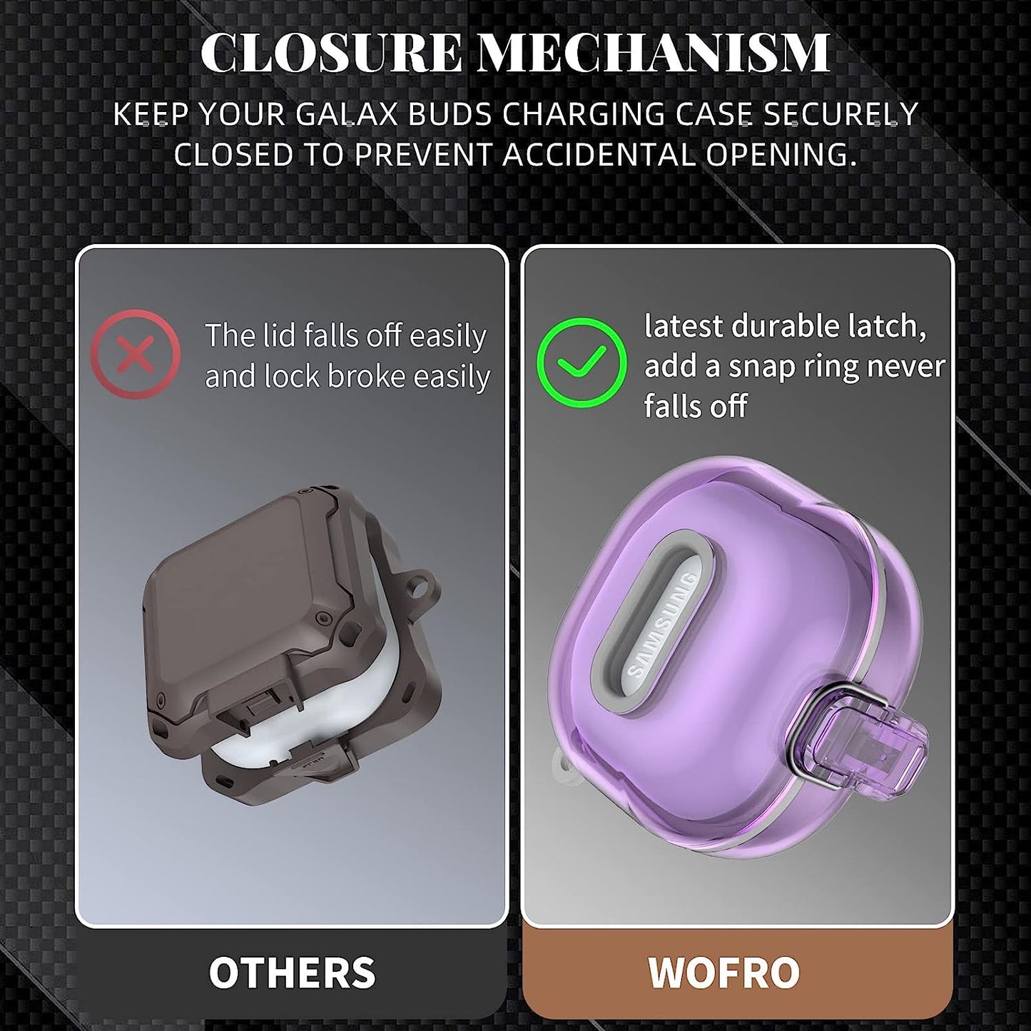 WOFRO [Secure Lock] Clear Case for Samsung Galaxy Buds 2 Pro/Galaxy Buds 2/Galaxy Buds Pro/Galaxy Buds Live Earbuds, Shock-Absorbing Protective Cover Skin Hard with Carabiner & Lanyard(Clear Purple)  WOFRO   