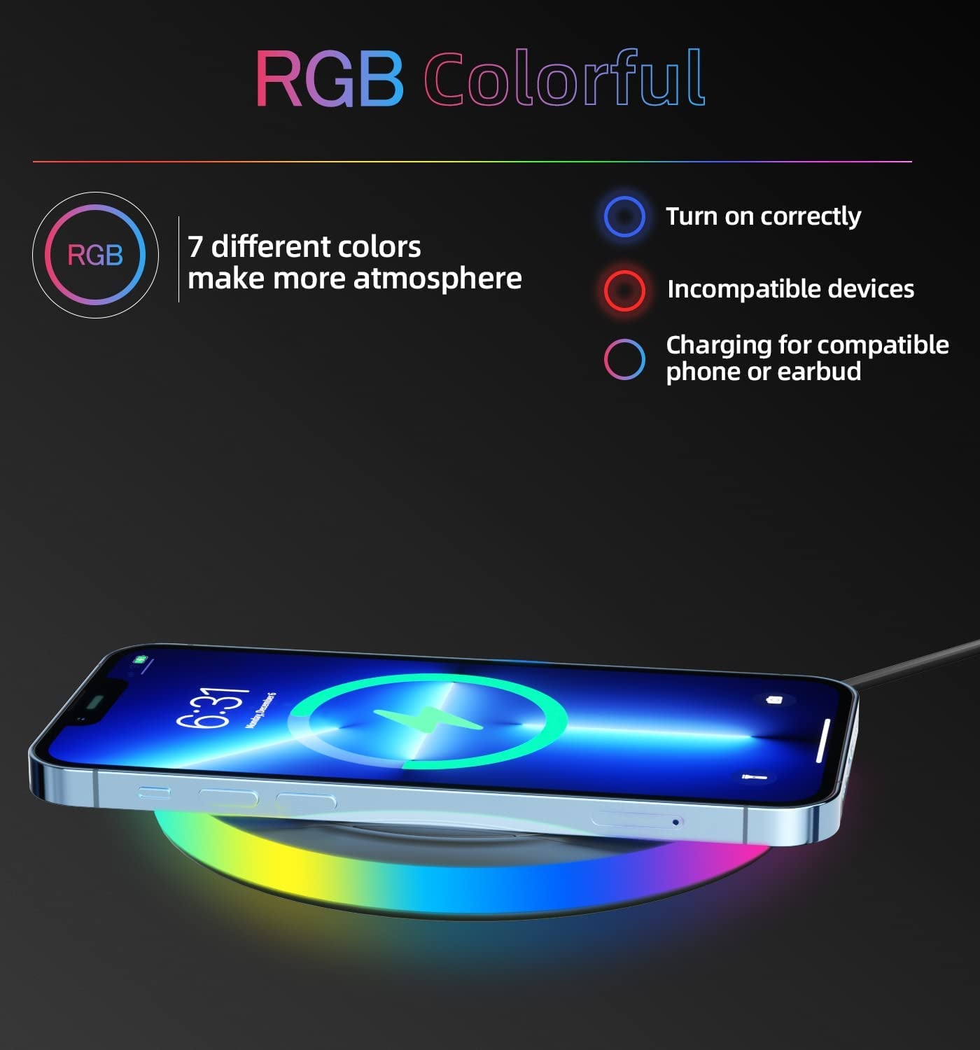 Wireless Charger Pad, 15W Max Fast RGB Wireless Charging Pad Compatible Iphone 14/14 Plus/14 Pro/14 Pro Max/13/13 Mini/Se 2022/12/11/X/8,Samsung Galaxy S22/S21/S20,Airpods 3 2 Pro(No AC Adapter) Black  MMK   