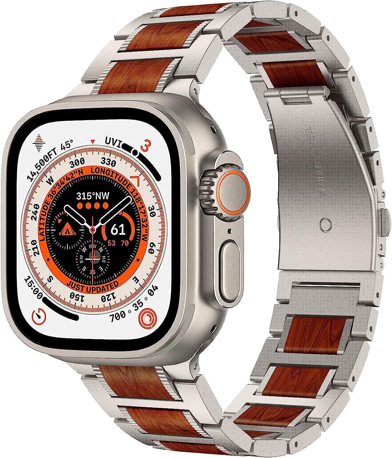 LDFAS Compatible for Apple Watch Band 49Mm, Natural Wood Red Sandalwood Stainless Steel Metal Strap Compatible for Iwatch/Apple Watch Ultra/Se, Apple Watch Series 8/7 45Mm 44Mm Bands,Silver Gray  LDFAS   