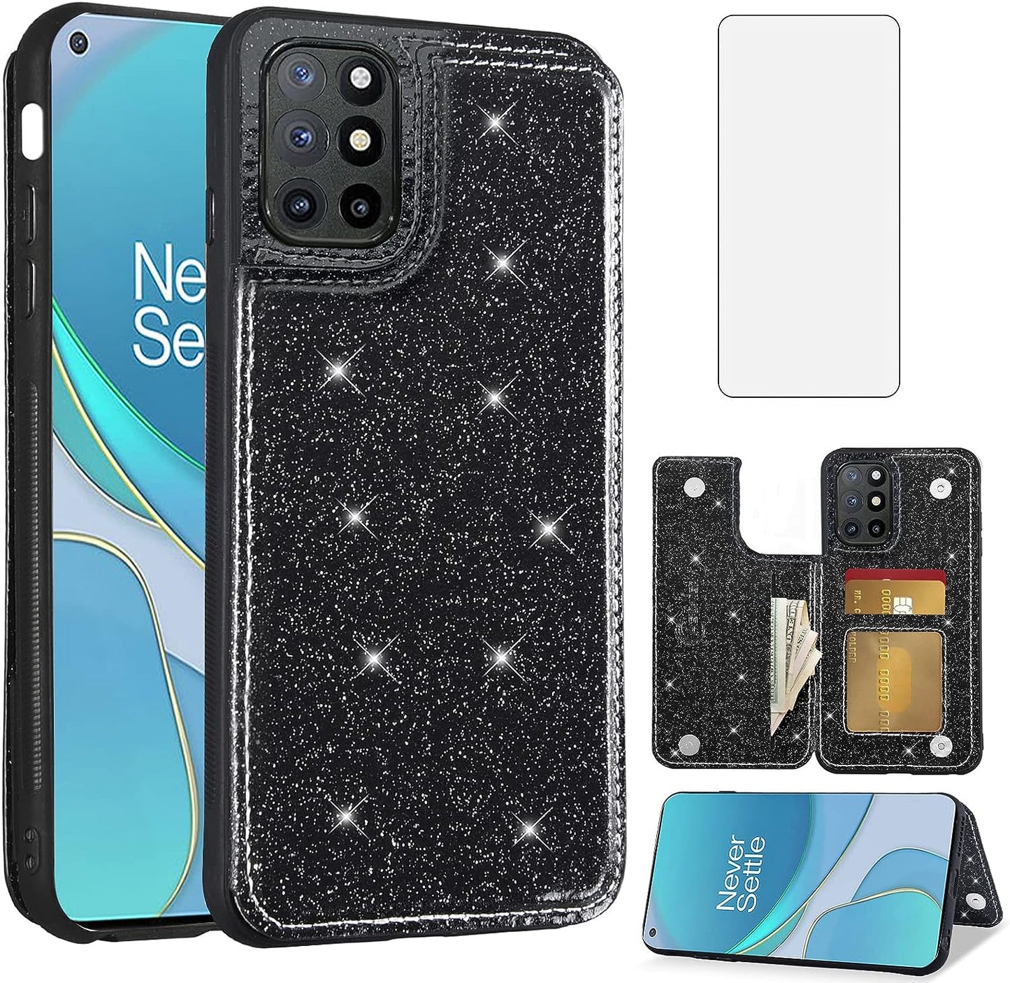 Asuwish Phone Case for Oneplus 8T Oneplus8T plus 9R 5G Wallet Cover with Screen Protector and Card Holder Bling Glitter Cell One Plus8T5G on + 1 plus 8Tplus 1Plus 8T+ One+ T8 1+ 1+8T Pro G5 Black  Asuwish   