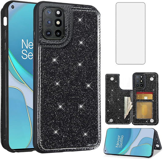 Asuwish Phone Case for Oneplus 8T Oneplus8T plus 9R 5G Wallet Cover with Screen Protector and Card Holder Bling Glitter Cell One Plus8T5G on + 1 plus 8Tplus 1Plus 8T+ One+ T8 1+ 1+8T Pro G5 Black  Asuwish   