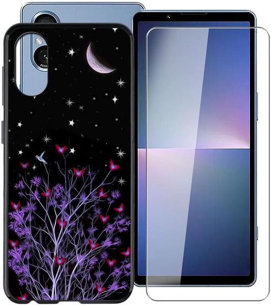 WIMSPEED Black Soft TPU Bumper Phone Case for Sony Xperia 5 V (6.1") with 1 X Tempered Glass Screen Protector, Slim Silicone Shockproof Cover for Sony Xperia 5 V - Star Tree  WIMSPEED   