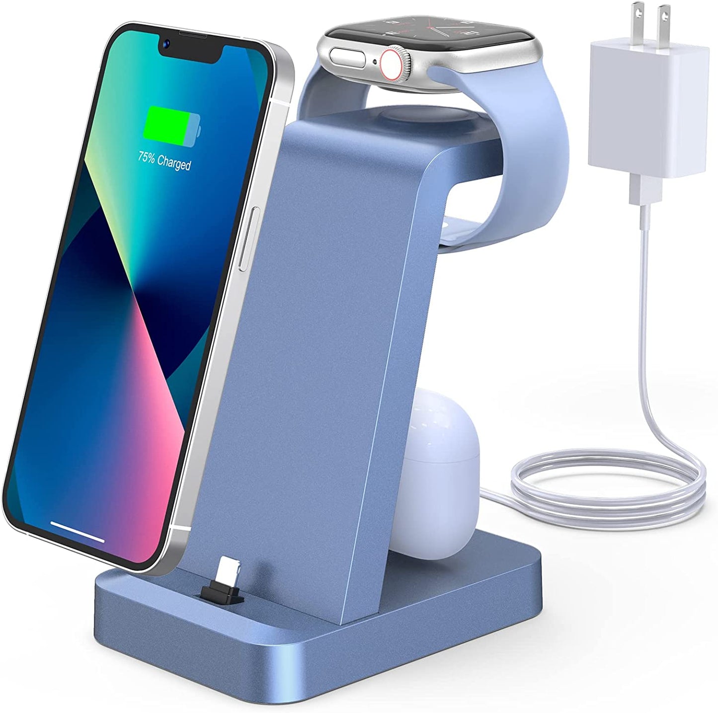 Charger Station for Iphone Multiple Devices - 3 in 1 Fast Wireless Charging Dock Stand for Apple Watch Series 7 6 SE 5 4 3 2 & Airpods Iphone 14 13 12 11 Pro X Max XS XR 8 7 plus 6S 6 with Adapter  Shenzhen GTL Technology Co., Ltd. Blue  