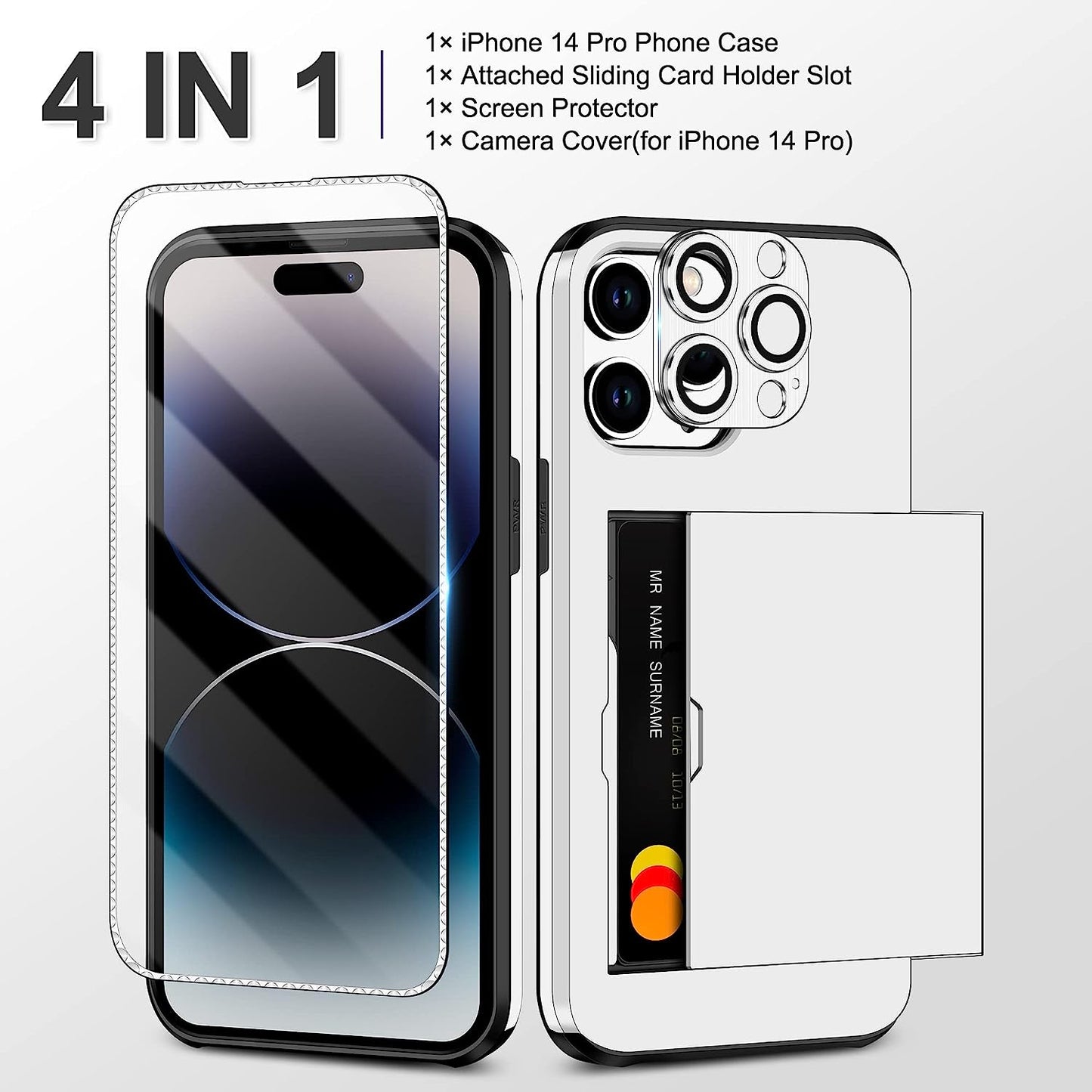 SAMONPOW for Iphone 14 Pro Case Wallet 4-In-1 Hybrid Iphone 14 Pro Protective Case with Card Holder & Screen Protector & Camera Cover Full Body Shockproof Bumper Cover Case for Iphone 14 Pro White  SAMONPOW   