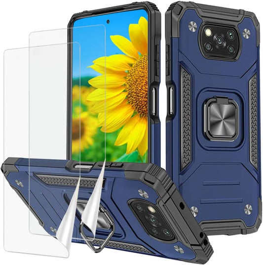Yahan for Xiaomi Poco X3 Nfc/Xiaomi Poco X3 Case with Tempered Glass Screen Protector[Not Glass][2 Pack]，Hybrid Heavy Duty 360 Degree Rotating Ring Kickstand Shockproof Defender Hard Back Case,Blue  YaHan   
