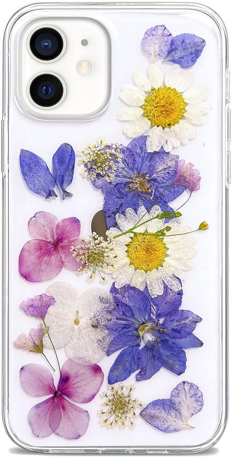 Abbery Designed for Iphone 12 Mini Case Glitter Flower Cute Bling Sparkle Clear with Design Soft Silicone TPU Real Dried Pressed Flowers Floral Aesthetic Phone Cover for Women Girls (3 Pink Flower)  Abbery Daisy Purple Flower  
