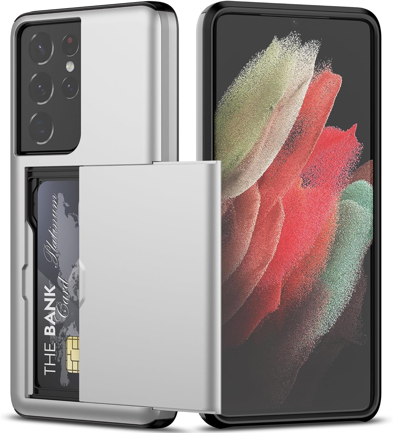 Nvollnoe for Samsung S21 Ultra Case with Card Holder Dual Layer Heavy Duty Protective Galaxy S21 Ultra Case Hidden Card Slot Slim Wallet Case for Samsung S21 Ultra(Rose Gold)  Nvollnoe Silver For Galaxy S21 Ultra-6.8'' 