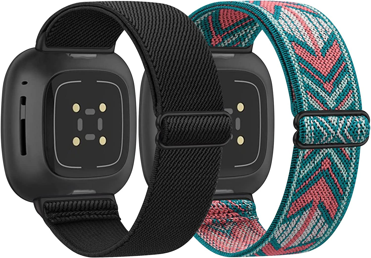 2 Pack Elastic Nylon Bands Compatible with Fitbit Versa 3/Fitbit Sense Women, Adjustable Stretchy Breathable Sport Wristband  YILED Black+Green Arrow  