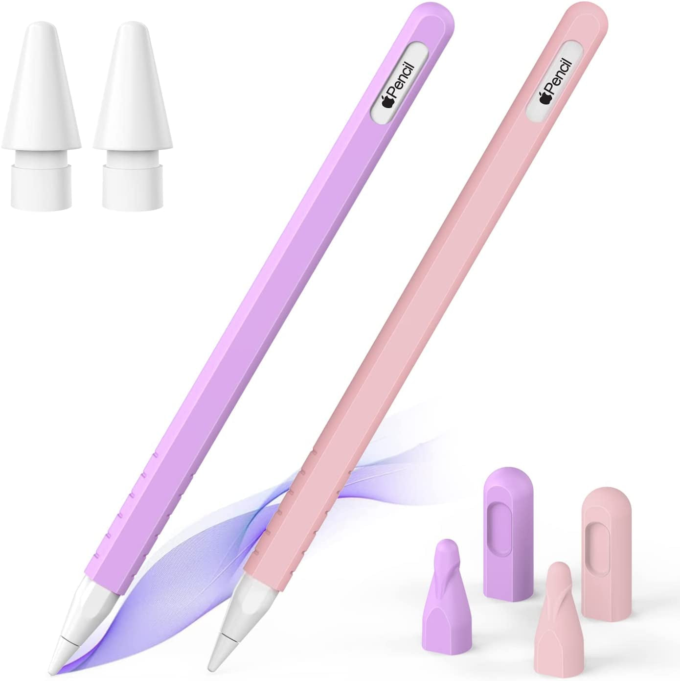 2 Pack Case Compatible with Apple Pencil 2Nd Generation, Protective Sleeve Accessories for Apple Pen 2Nd Silicone Grip Skin for Ipencil 2 Gen W/ 2 Replacement Pencil Tips, 4 Nibs Cover, Pink + Purple  Laviitp   
