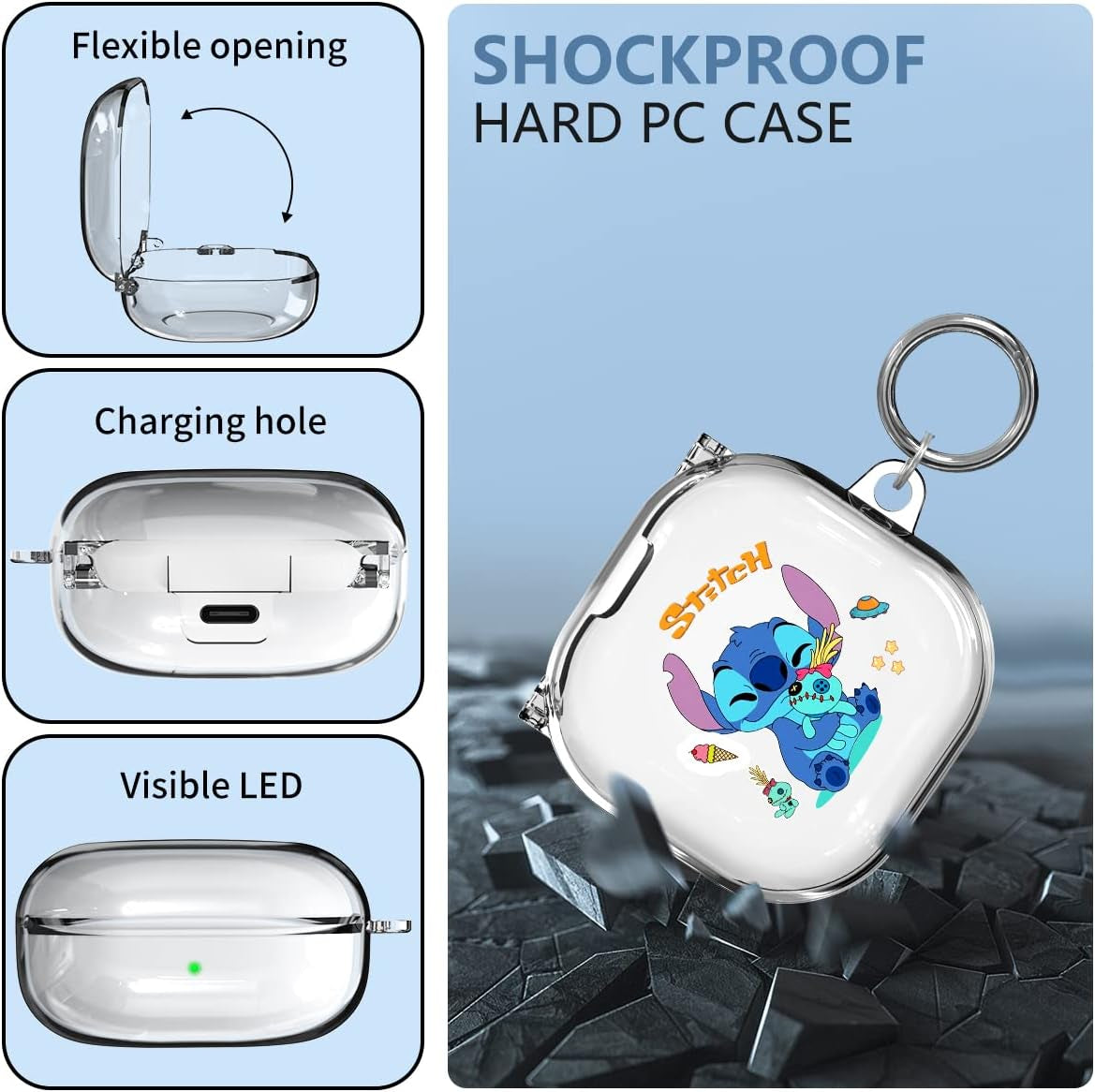 WOOPIT Cute Stich Case for Samsung Galaxy Buds2 Pro(2022)/Galaxy Buds Live(2020)/Galaxy Buds Pro(2021)/Galaxy Buds 2 (2022) Case, Hard PC Shockproof Protective Cover with Keychain  WOOPIT   