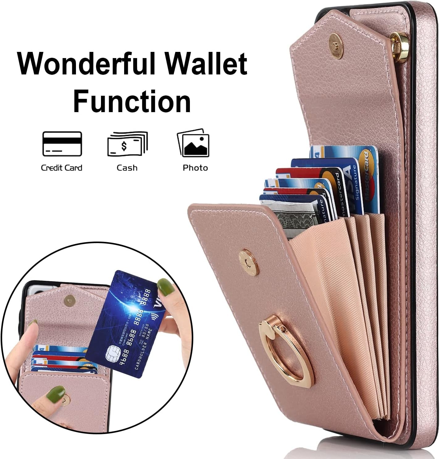 Asuwish Phone Case for Samsung Galaxy S21 plus S21+ 5G Wallet Cover with Tempered Glass Screen Protector and RFID Blocking Ring Credit Card Holder Cell S21+5G S21Plus 21S + S 21 21+ G5 Women Rose Gold  Asuwish   