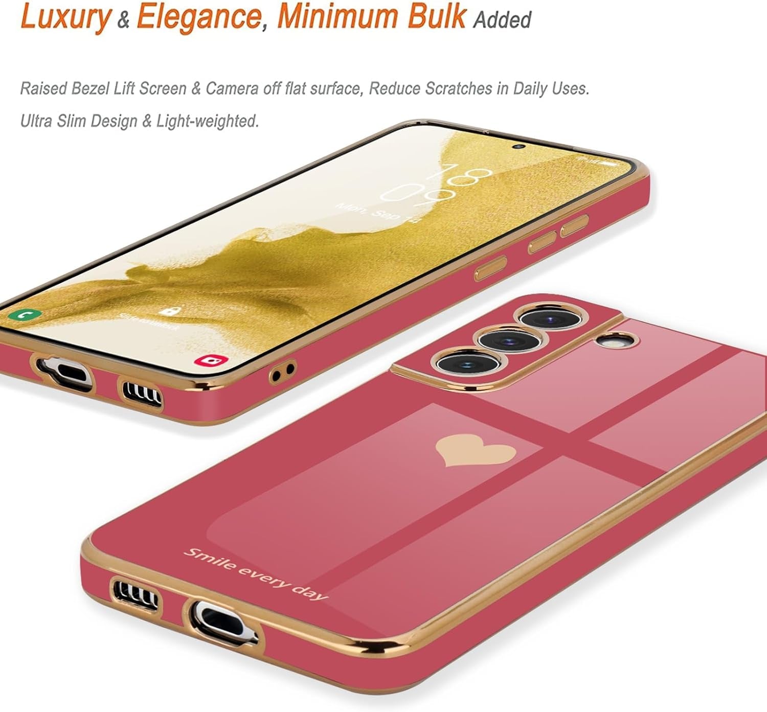 Teageo for Samsung Galaxy S22 5G Case for Women Girl Cute Love-Heart Luxury Bling Soft Back Cover Raised Full Camera Protection Bumper Silicone Shockproof Phone Case for Galaxy S22 5G, Bright Blush  janzee   