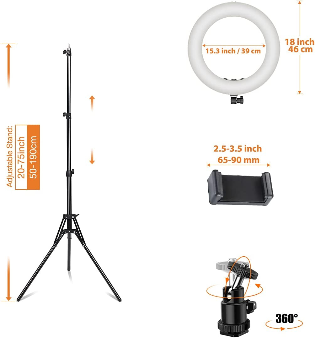Inkeltech Ring Light - 18 Inch 3000K-6000K Dimmable Bi-Color Light Ring, 60W LED Ring Light with Stand, Lighting Kit for Vlog, Selfie, Makeup, Youtube, Camera, Phone - LCD Screen & Remote Control  INKELTECH   