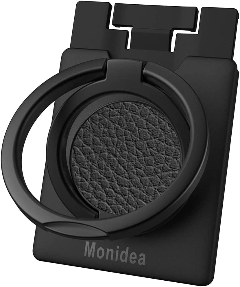 Monidea Phone Ring Holder, Phone Grip Finger Kickstand Wireless Charging Friendly, 360°Rotation Metal Phone Ring Grip Stand Work with Magnetic Car Mount for Iphone Samsung Ipad Tablets & More - Black  MonIdea Black - Leather  