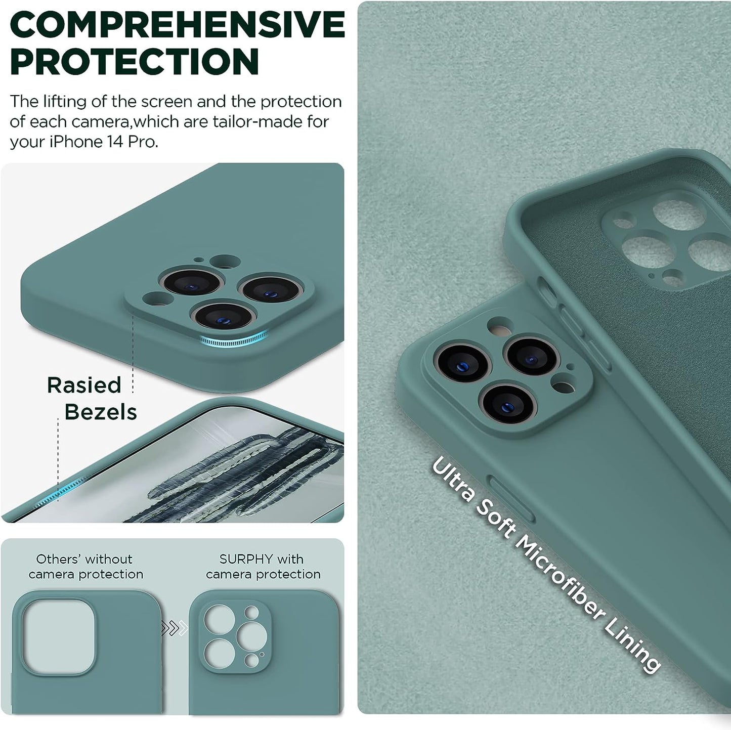 SURPHY Designed for Iphone 14 Pro Case with Screen Protector, (Camera Protection + Soft Microfiber Lining) Liquid Silicone Phone Case, Cactus Green  SURPHY   