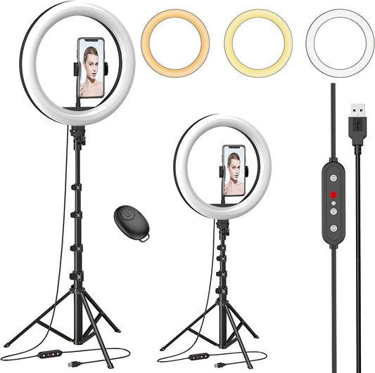 10" Ring Light with 53" Adjustable Tripod Stand & Phone Holder for Live Stream/Makeup, Upgraded Dimmable LED Selfie Ringlight for Tiktok/Youtube/Zoom Meeting/Photography,Compatible with Iphone/Android  Aptoyu   