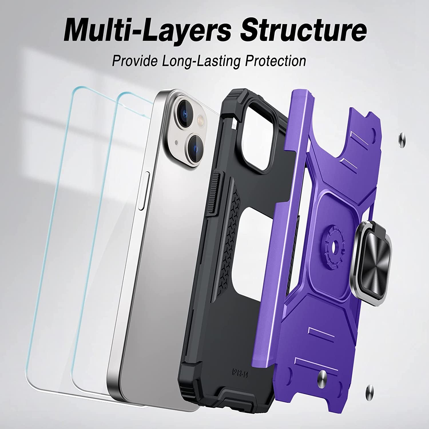 JAME for Iphone 14 Case with Screen Protector [2 PCS], Shockproof Bumper Case for Iphone 14 Case for Women & Men, Heavy-Duty Protection with Metal Ring Kickstand Case for Iphone 14, 6.1 Inch, Purple  XJXIN   