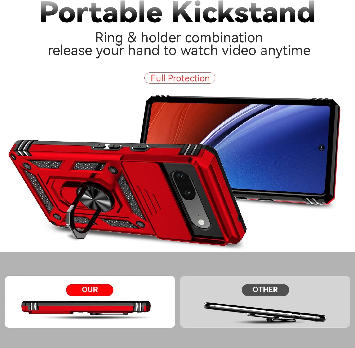 Sunstory for Google Pixel 7A Case with Tempered Glass Screen Protector & Slide Camera Cover & Kickstand, [Not for Pixel 7/7 Pro Phone], Google 7A Case [Military Grade] Case for Pixel 7A (Red)  SunStory   