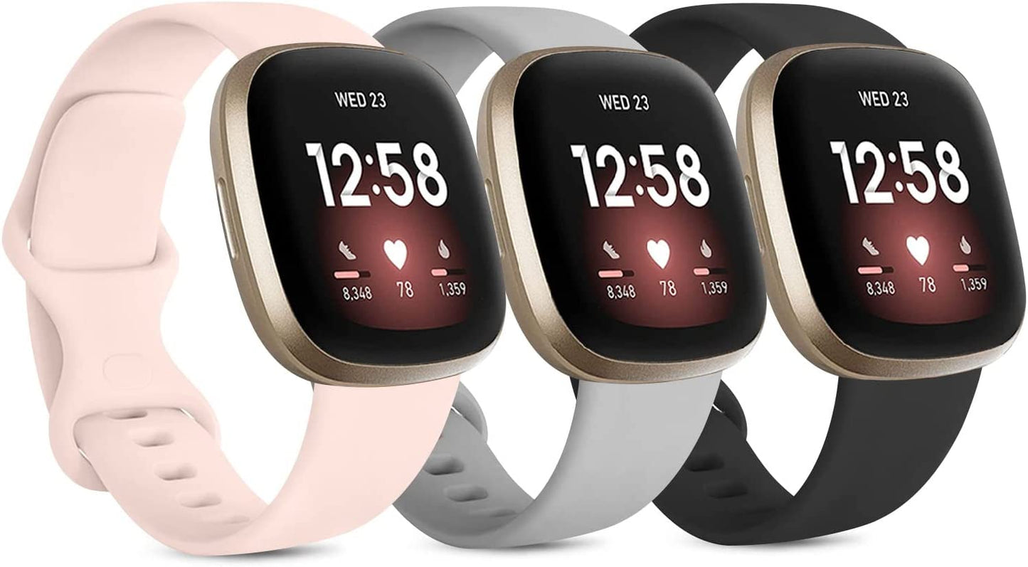 3 Pack Silicone Bands for Fitbit Sense Bands Fitbit Versa 3 Bands Women Men, Classic Soft Sport Bands Replacement Wristbands for Fitbit Sense/Versa 3 Smart Watch (Black/White/Gray, Large)  Amzpas Black/Gray/PinkSand Large 