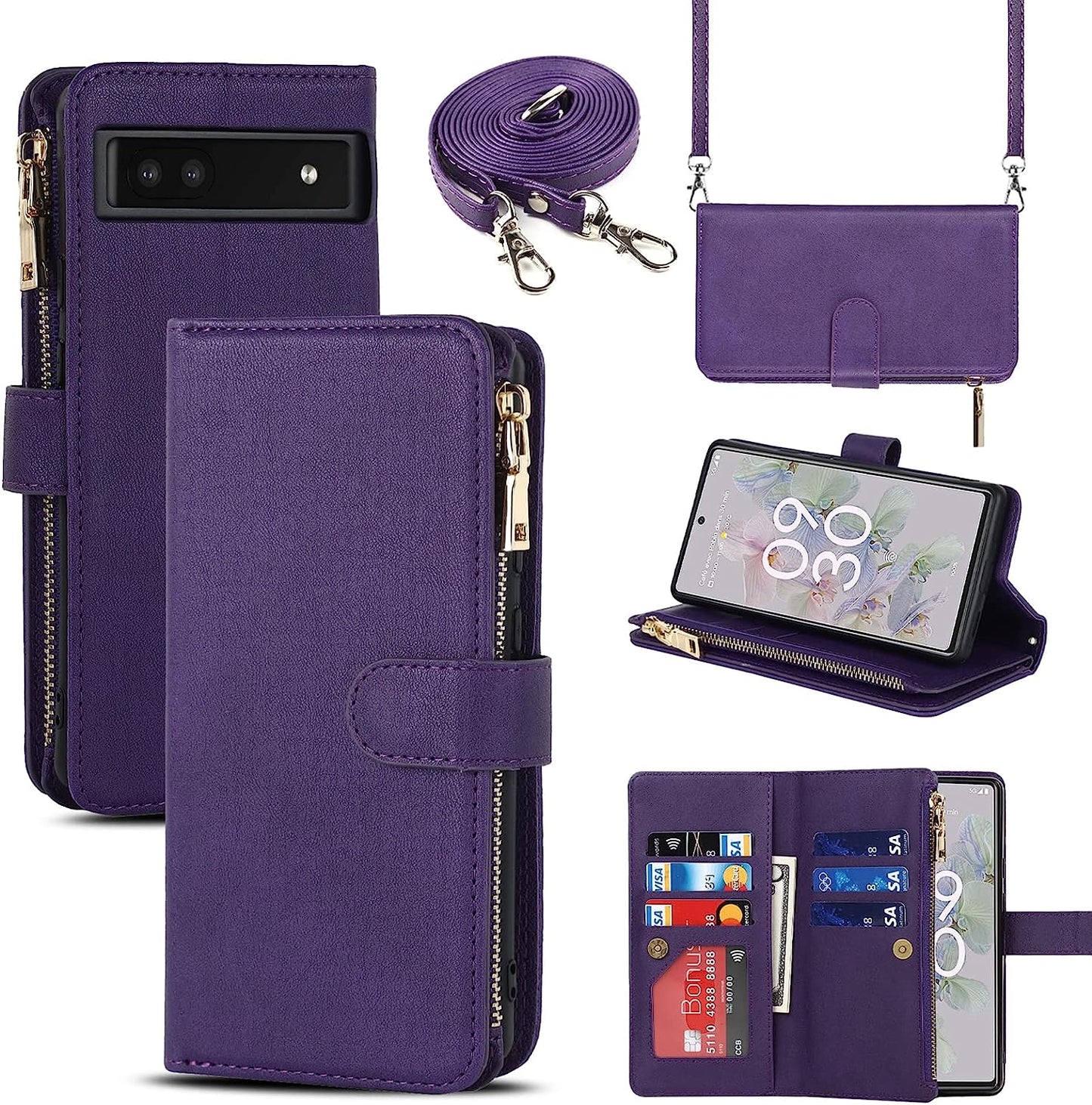 Jaorty Google Pixel 6A Case for Women with Card Holder 6.1" 5G 2022,Google Pixel 6A Phone Case with Strap,Crossbody Lanyard Cases with Credit Card Slots with Stand,Burgundy  Jaorty Purple  