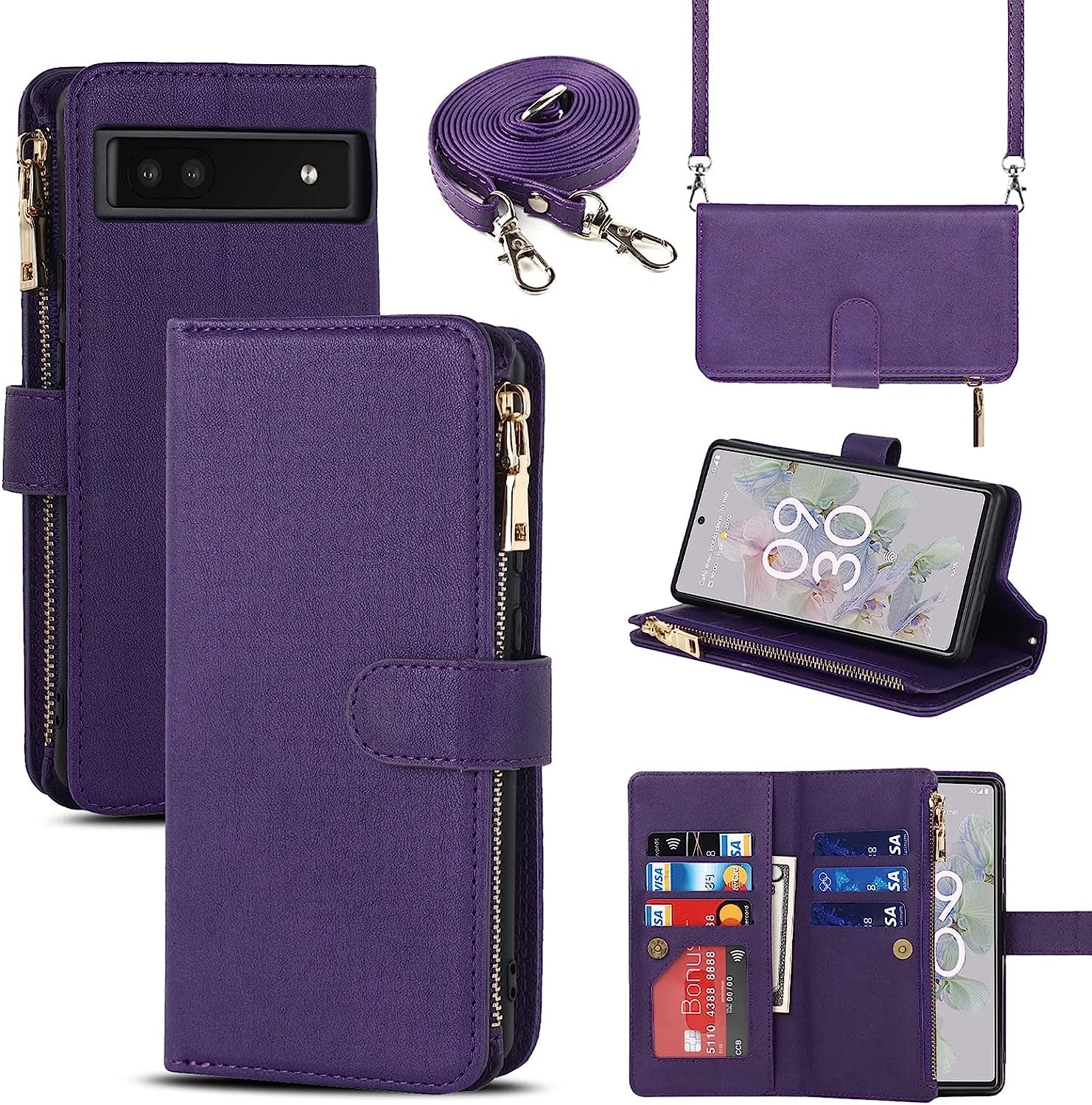 Jaorty Google Pixel 6A Case for Women with Card Holder 6.1" 5G 2022,Google Pixel 6A Phone Case with Strap,Crossbody Lanyard Cases with Credit Card Slots with Stand,Burgundy  Jaorty Purple  