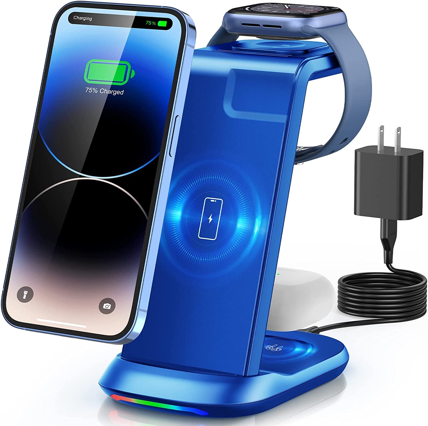 Wireless Charging Station,3 in 1 Fast Charger Stand Compatible with Iphone 14/13/12/11 Pro Max/X/Xs Max/8/8 Plus, Iwatch Series Ultra/8/7/6/5/Se/4/3/2, Airpods 3/2/Pro/Pro 2  Bifrost Blue  