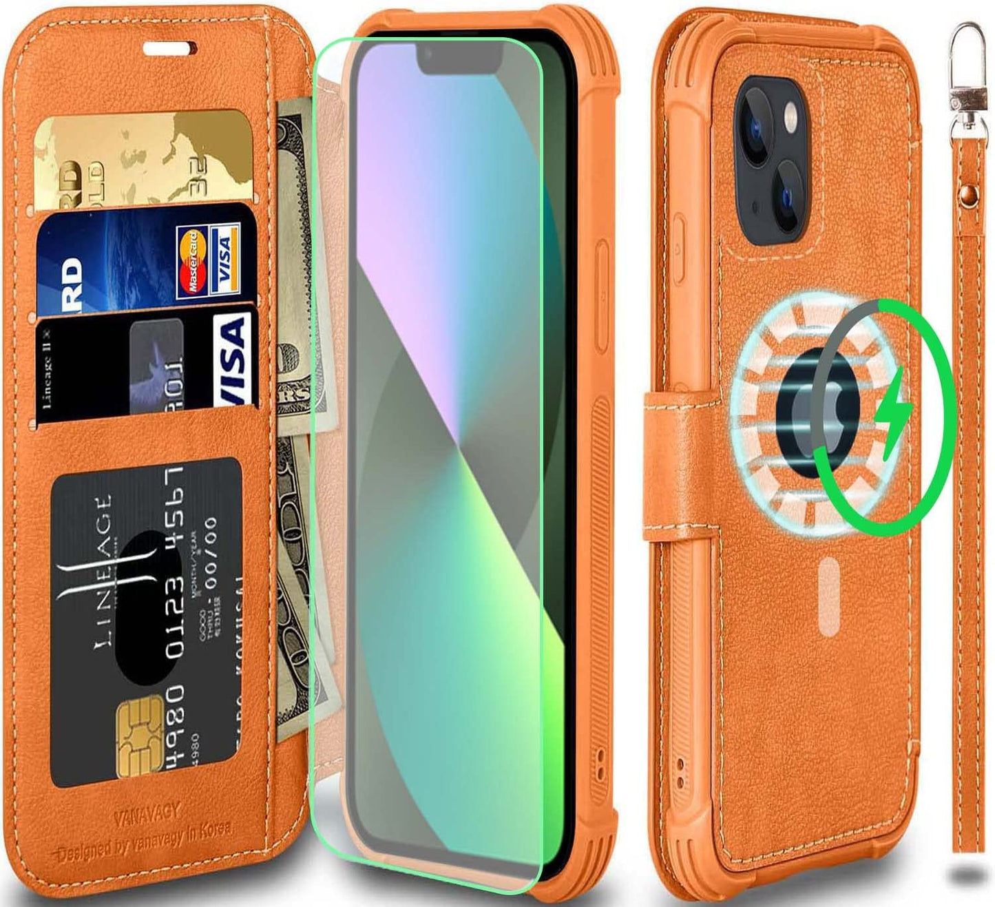 VANAVAGY Iphone 13 Mini Wallet Case Magsafe,Leather Flip Folio Phone Cover Supports Magsafe and Wireless Charging with RFID Block Card Holder and Wrist Strap,Forest Green  VANAVAGY Burnt Orange  