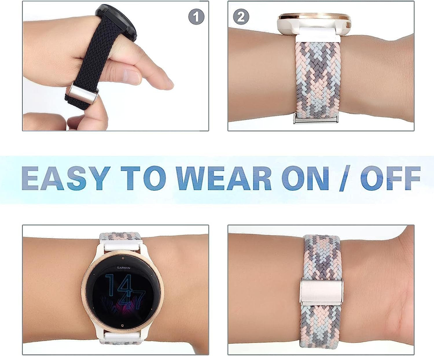 Abanen Braided Elastic Loop Watch Bands for Garmin Venu 2S / Vivoactive 4S / Vivomove 3S, 18Mm Elastic Soft Stretchy Nylon Quick Dry Women Wristband Strap for Forerunner 255S/255S Music  Abanen   