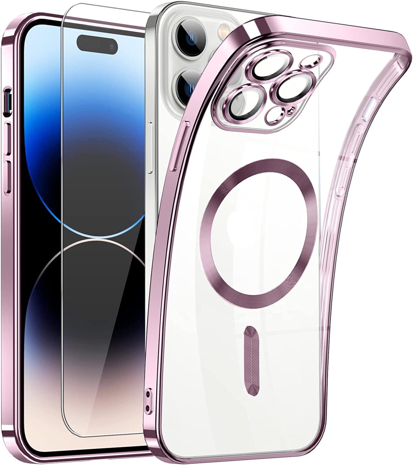 Magnetic Clear for Iphone 14 Pro Max Case with Magsafe [Integrated Camera Glass] Women Phone Case [Original Iphone Exterior] Silicone Cover Slim Thin [Non-Yellowing] Anti-Fingerprint Scratch Men  DOSNTO E-Pink Iphone 14 Pro 6.1 Inch 