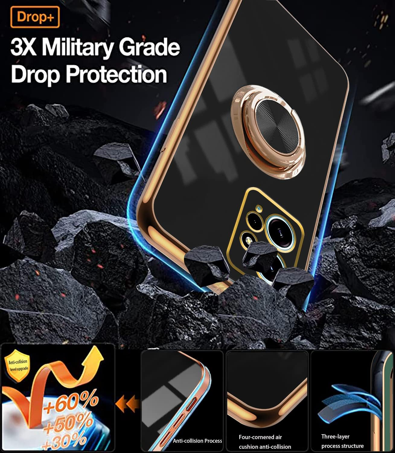 Tiwinxing Compatible with Xiaomi Redmi Note 12 4G Case for Women Men Cute Redmi Note 12 4G Phone Case Shockproof with Luxury Plating Gold Edge Kickstand Protective Cases Cover (Black)  Tiwinxing   