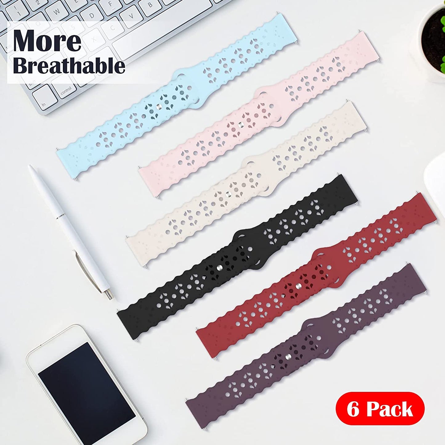 6 Pack Bands Compatible with Samsung Galaxy Watch 5 Band 40Mm 44Mm/5 Pro 45Mm, Galaxy Watch 4 Band 40Mm 44Mm/Watch 4 Classic/Galaxy Watch 3 41Mm, 20Mm Slim Sport Lace Silicone Wristband for Women  AIZHINENG   