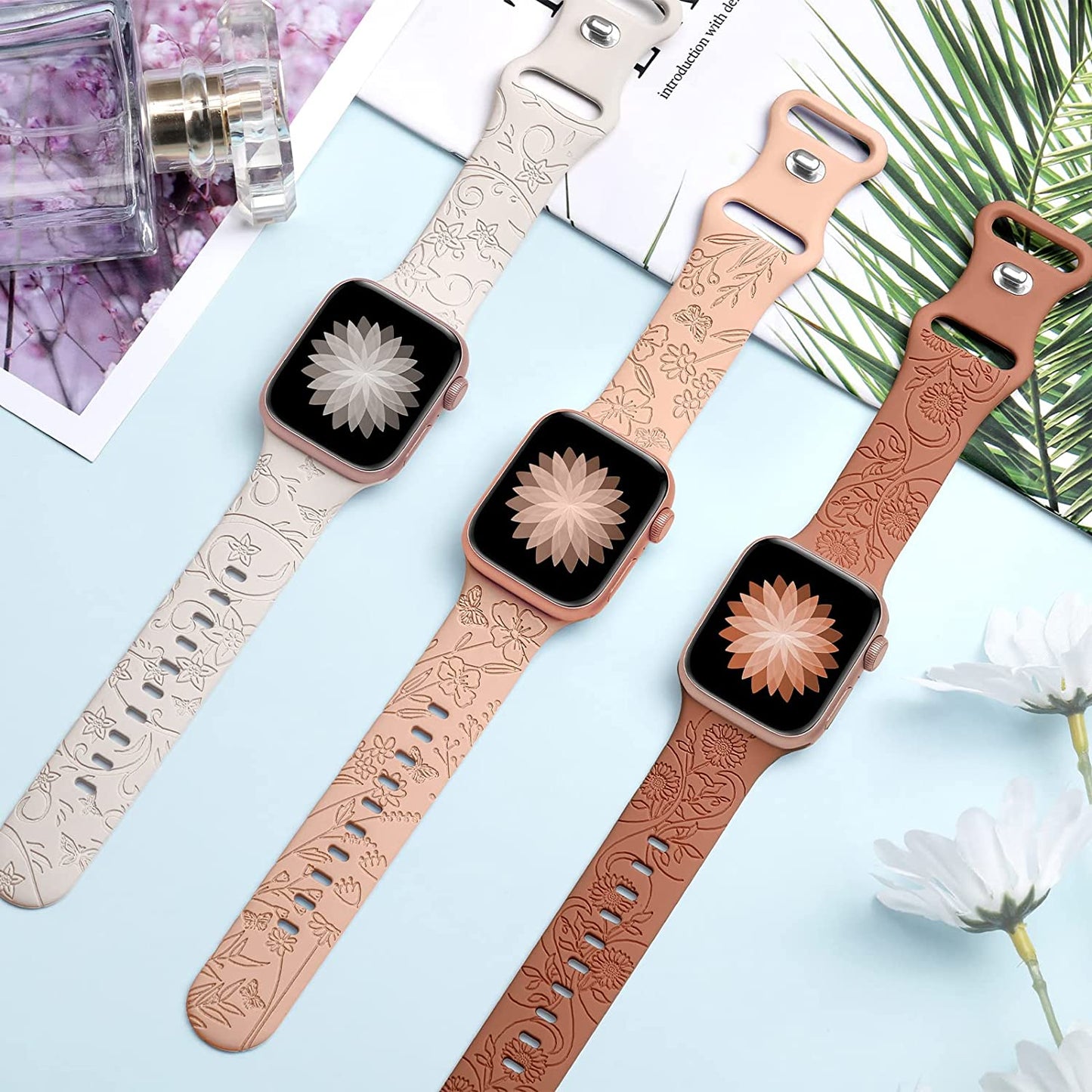 3 Pack Floral Engraved Bands Compatible with Apple Watch Band 40Mm 41Mm 38Mm 42Mm 44Mm 45Mm 49Mm Women,Soft Silicone Cute Wildflowers Sport Laser Strap for Iwatch Bands Series Ultra SE 8 6 5 4 3 2 1  AMSKY   