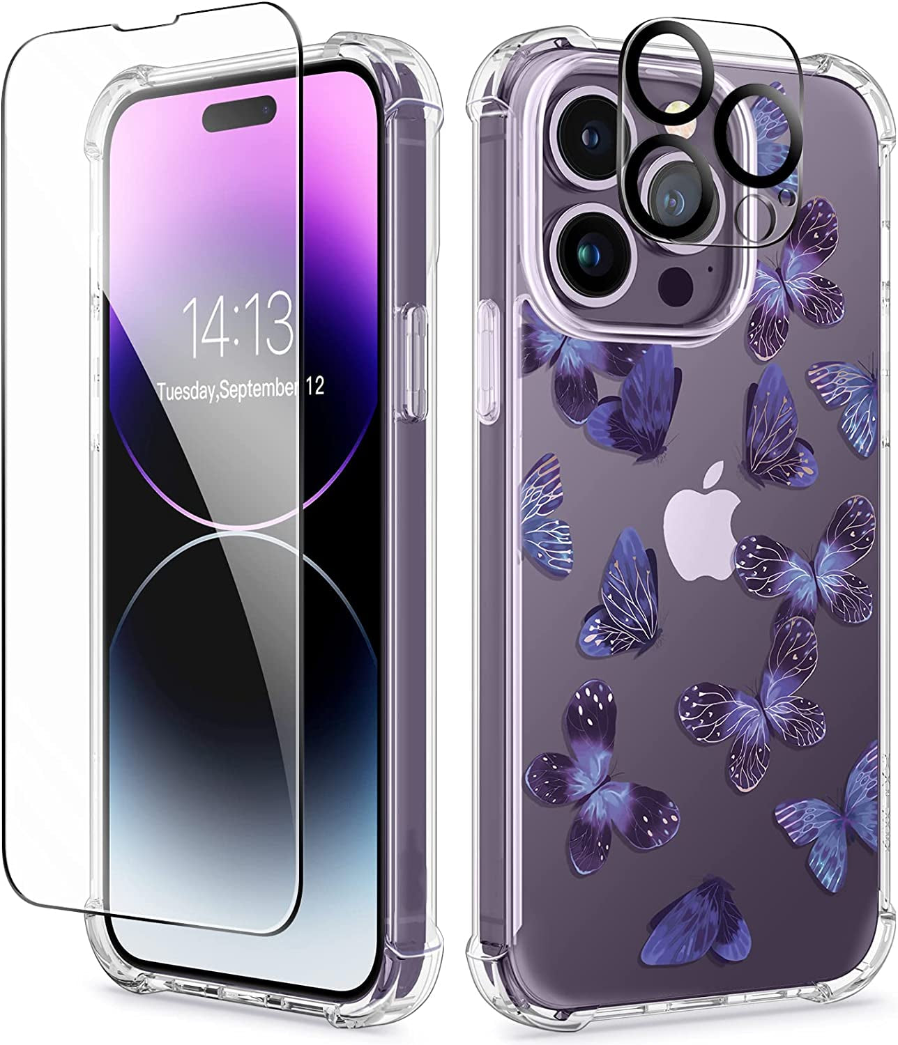 GVIEWIN Compatible with Iphone 14 Pro Case with Screen Protector & Camera Lens Protector, Floral Slim Shockproof Protective Hard PC+TPU Bumper Flower Women Cover, 6.1" 2022(Anemone Blooms/Pink)  GVIEWIN Butterfly Charm/Purple  