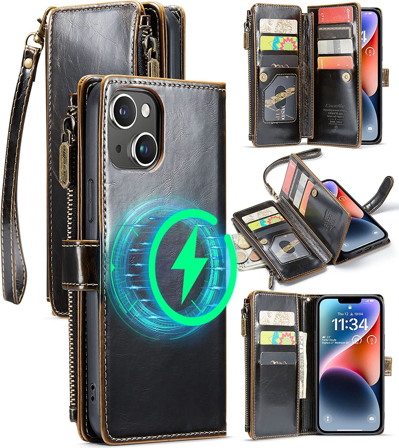 FLIPALM Wallet Case for Iphone 14 Pro(6.1") Flip Case,Compatible with Magsafe Charger,Pu Leather Zipper Protective Lanyard Strap Wristlet Case with Magnetic Closure and Card Holder Luxury Coffee  FLIPALM Luxury Coffee iPhone 14 Plus 