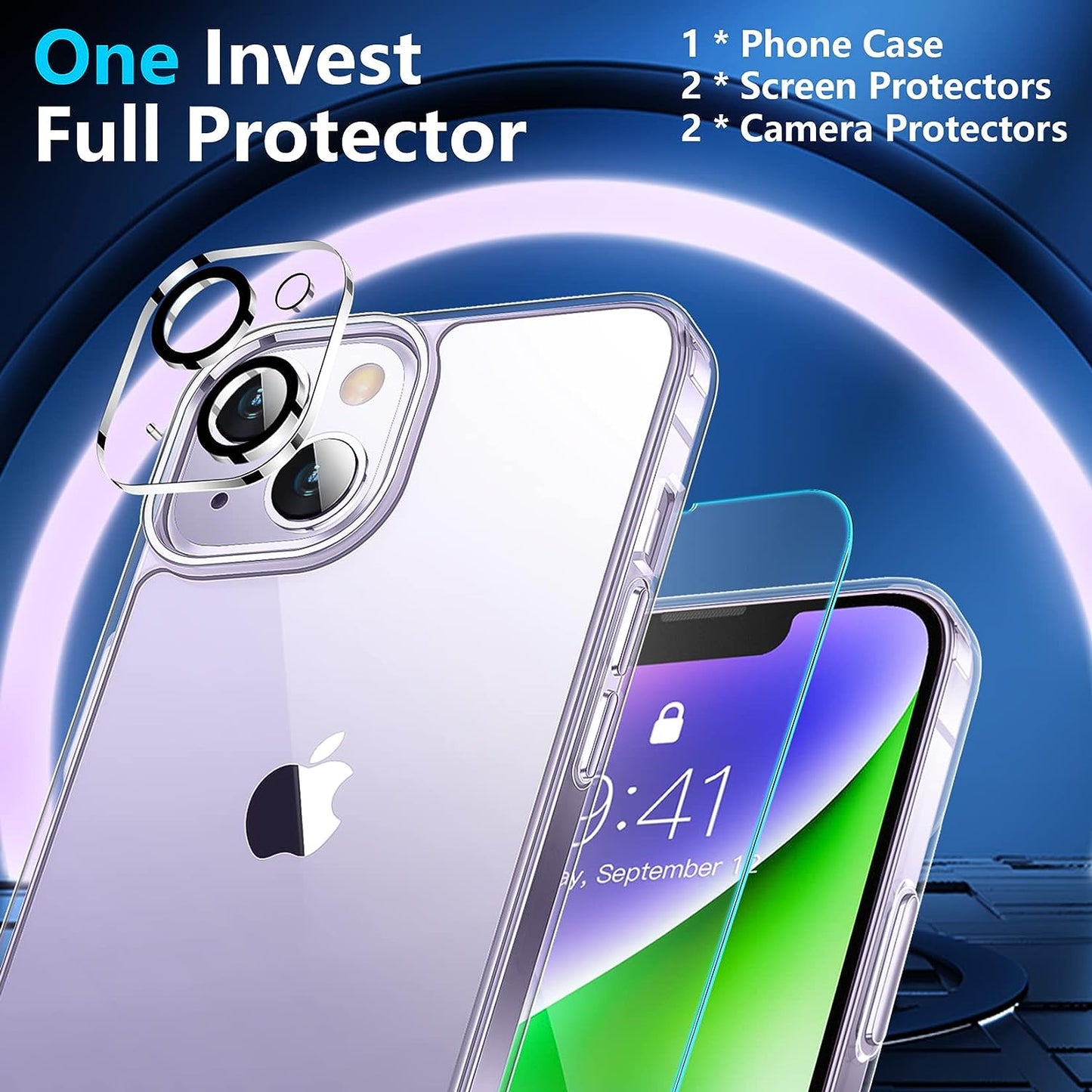 Justcool Designed for Iphone 14 plus Case, [Crystal Clear Not Yellowing] with [2 Pcs Tempered Glass Screen Protectors & 2 Pcs Camera Lens Protector] Slim Thin Protective Phone Case (Clear)  Justcool   