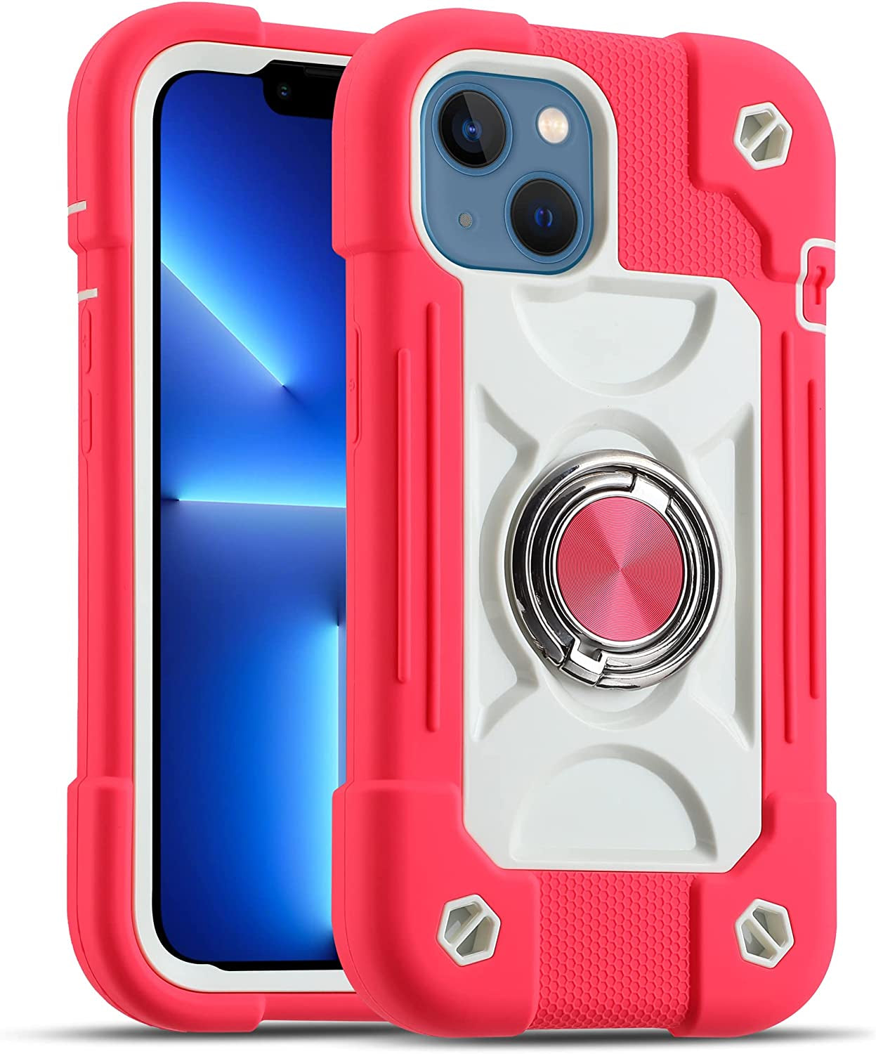 MARKILL Compatible with Iphone 14 Case/Iphone 13 Case 6.1 Inch with Built-In 360°Rotating Ring Stand, Military Grade Drop Protection Full Body Rugged Heavy Duty Protective Cover. (Rainbow Pink)  MARKILL Hot Pink  