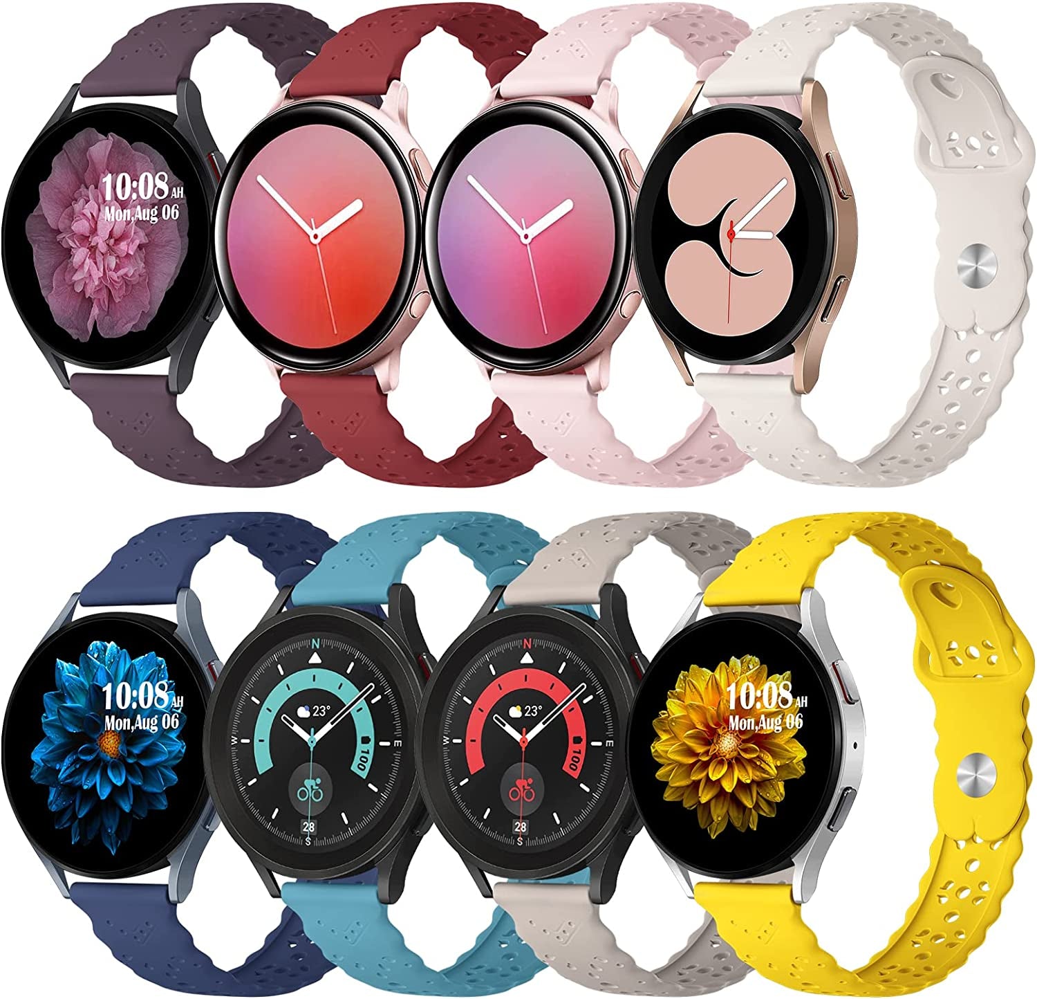 6 Pack Bands Compatible with Samsung Galaxy Watch 5 Band 40Mm 44Mm/5 Pro 45Mm, Galaxy Watch 4 Band 40Mm 44Mm/Watch 4 Classic/Galaxy Watch 3 41Mm, 20Mm Slim Sport Lace Silicone Wristband for Women  AIZHINENG Multiple Colors - 8 Pack  